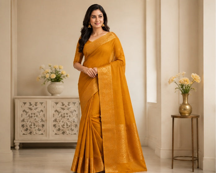 Women's Vichitra Silk Printed Saree With Unstitched Blouse 5.5Mtr (Mustard)