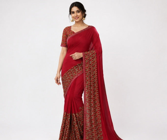 Women's Georgette Printed Saree With Unstitched Blouse 5.5Mtr (Red)