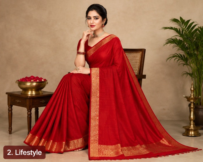 Women's Vichitra Silk Printed Saree With Unstitched Blouse 5.5Mtr (Red)