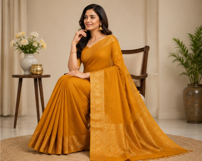 Women's Vichitra Silk Printed Saree With Unstitched Blouse 5.5Mtr (Mustard)