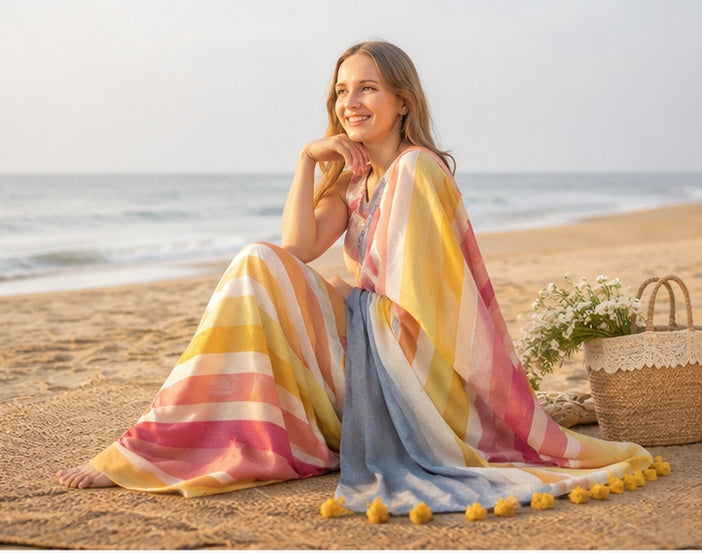 Generic Women's Linen Printed Saree With Unstitched Blouse 5.5Mtr (Yellow)