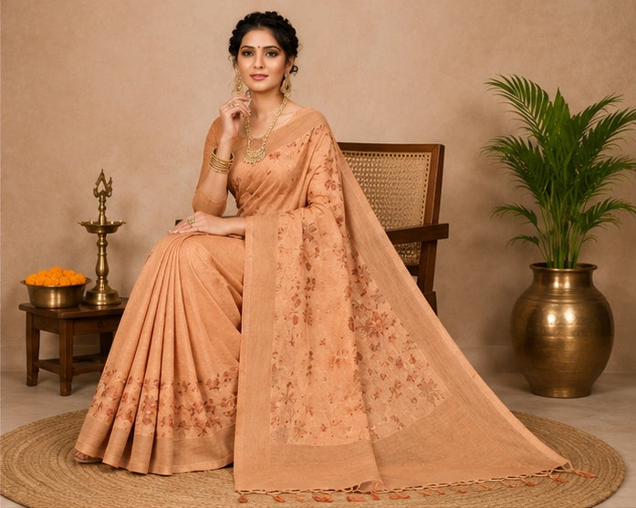 Women's Banarasi (Spun Cotton) Saree (Beige,5-6 Mtrs)