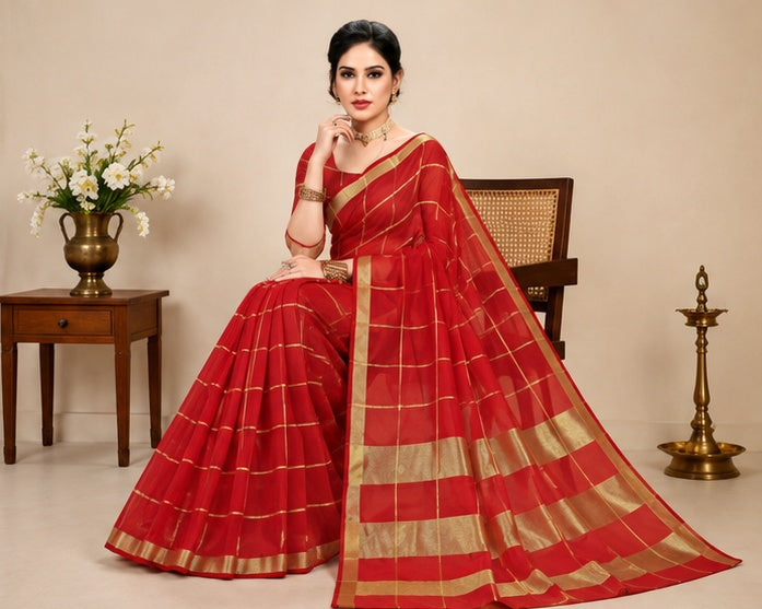 Women's Kota Doria Cotton Checked Saree With Blouse (Red, 5-6 Mtrs)