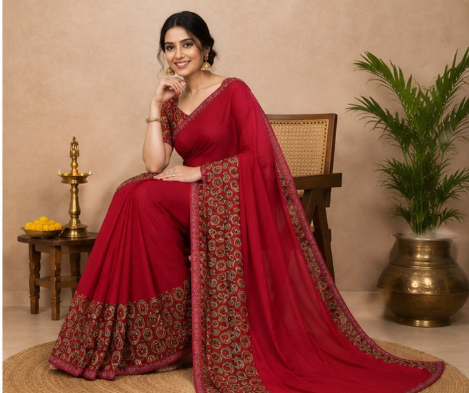 Women's Georgette Printed Saree With Unstitched Blouse 5.5Mtr (Red)