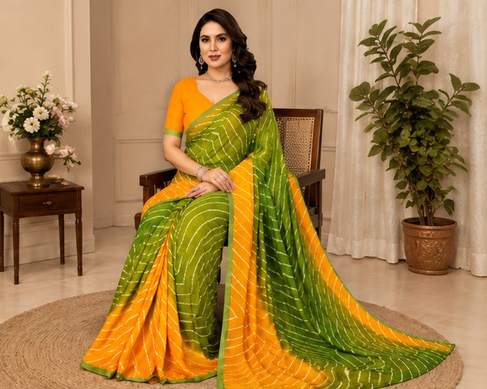Women's Georgette Printed Saree With Unstitched Blouse 5.5Mtr (Green)