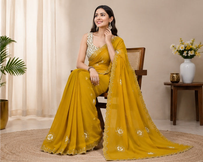 Women's Chiffon Butti Dotted Saree With Unstitched Blouse 5.5Mtr (Yellow)