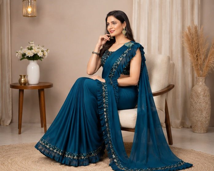 Women's Lycra Solid Saree With Unstitched Blouse (Rama, 5.5 Mtr)