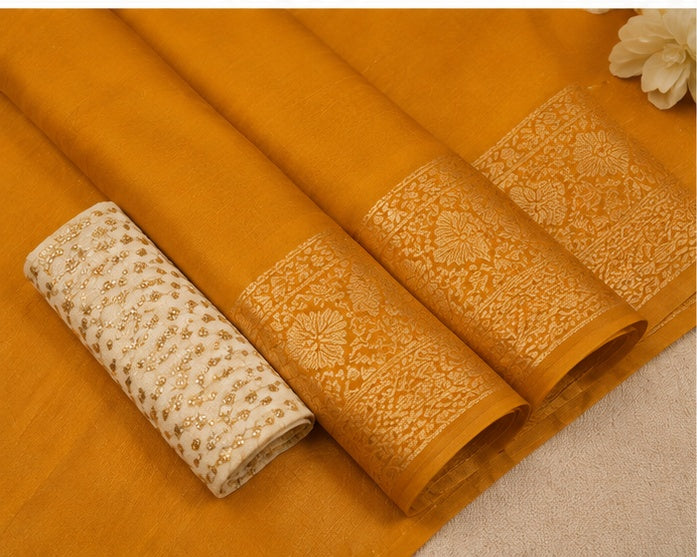 Women's Vichitra Silk Printed Saree With Unstitched Blouse 5.5Mtr (Mustard)