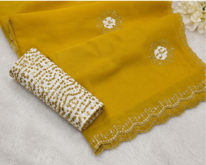 Women's Chiffon Butti Dotted Saree With Unstitched Blouse 5.5Mtr (Yellow)