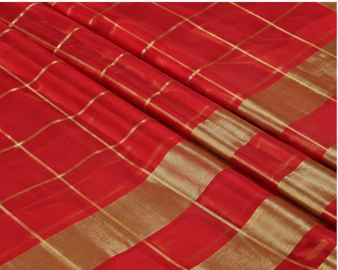 Women's Kota Doria Cotton Checked Saree With Blouse (Red, 5-6 Mtrs)