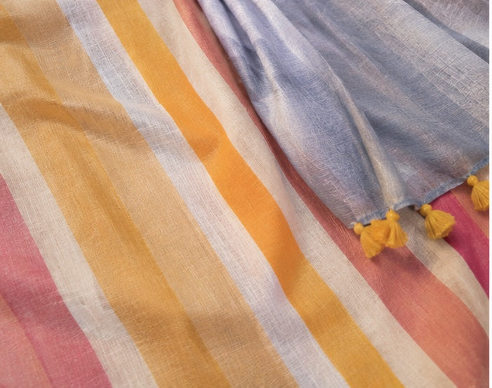 Generic Women's Linen Printed Saree With Unstitched Blouse 5.5Mtr (Yellow)