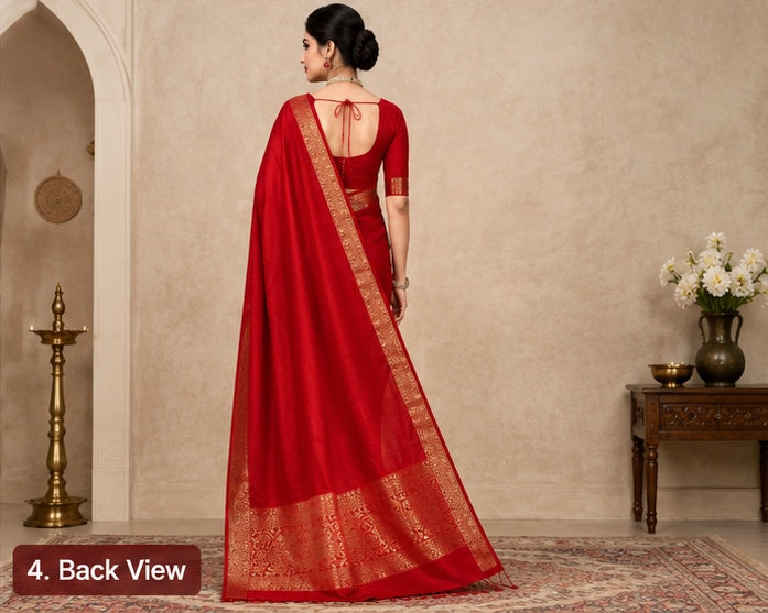 Women's Vichitra Silk Printed Saree With Unstitched Blouse 5.5Mtr (Red)