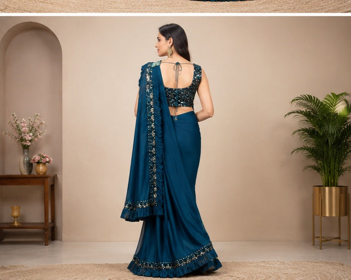 Women's Lycra Solid Saree With Unstitched Blouse (Rama, 5.5 Mtr)