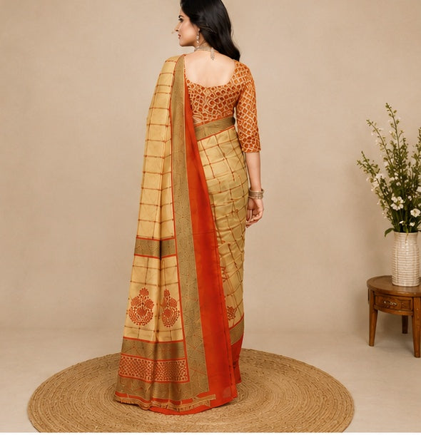 Women's Georgette Printed Saree With Unstitched Blouse 5.5Mtr (Orange)