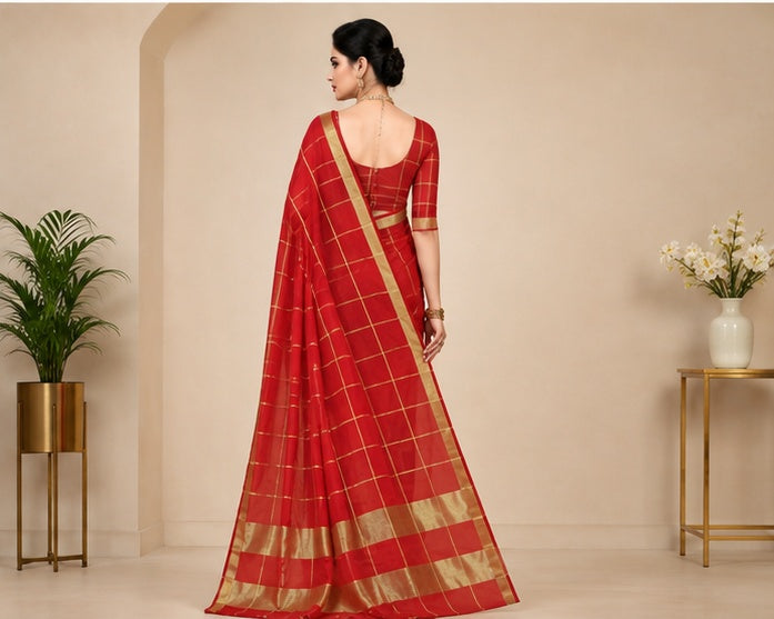 Women's Kota Doria Cotton Checked Saree With Blouse (Red, 5-6 Mtrs)