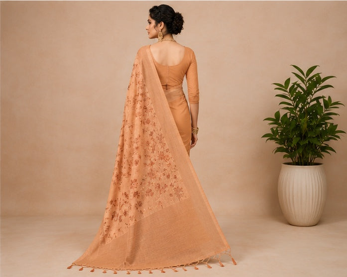 Women's Banarasi (Spun Cotton) Saree (Beige,5-6 Mtrs)