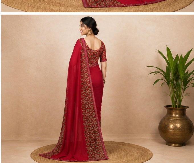 Women's Georgette Printed Saree With Unstitched Blouse 5.5Mtr (Red)