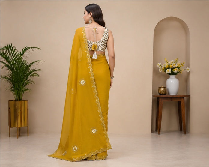 Women's Chiffon Butti Dotted Saree With Unstitched Blouse 5.5Mtr (Yellow)