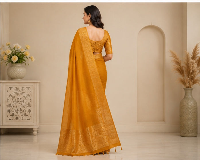 Women's Vichitra Silk Printed Saree With Unstitched Blouse 5.5Mtr (Mustard)