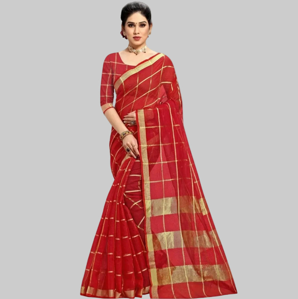 Women's Kota Doria Cotton Checked Saree With Blouse (Red, 5-6 Mtrs)