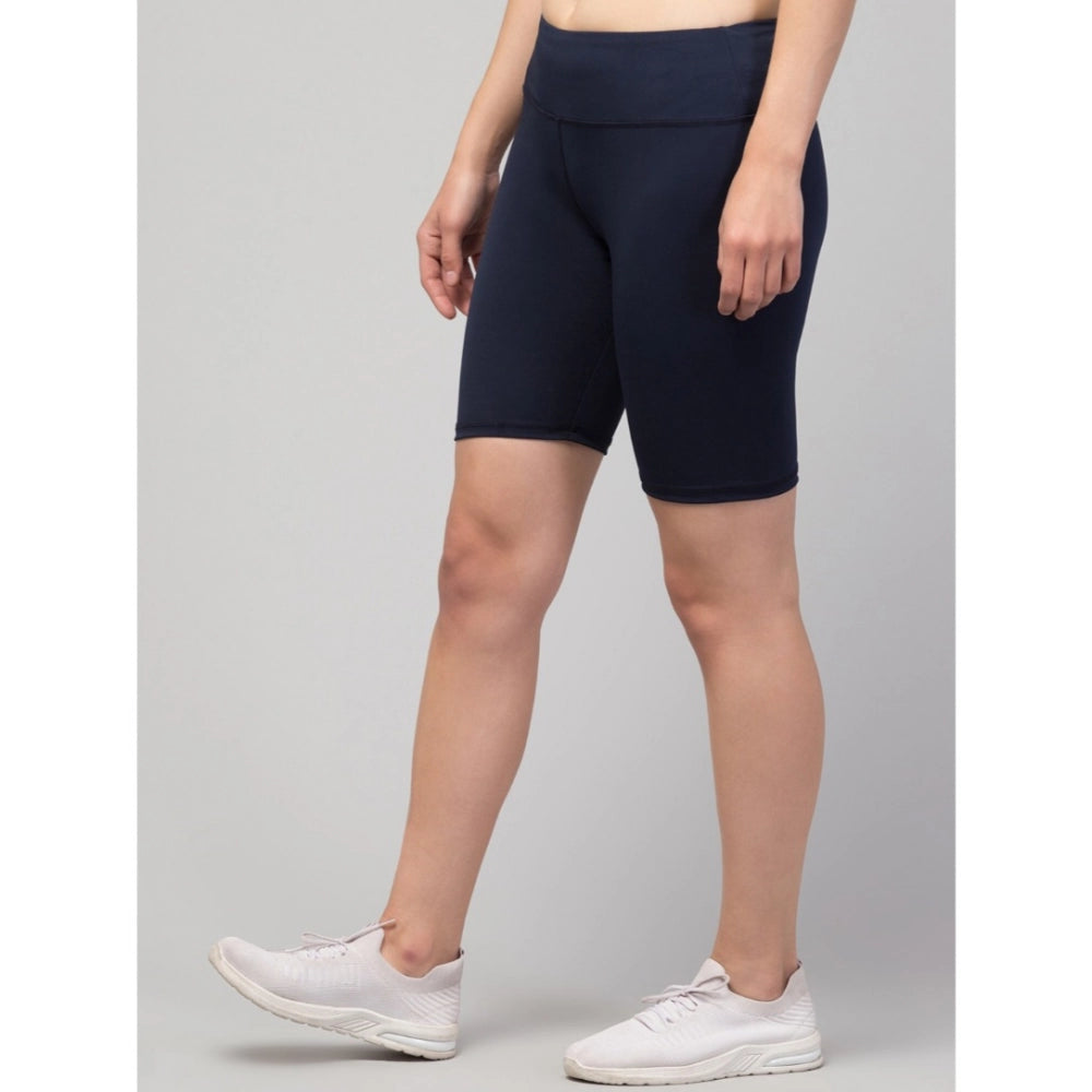 Generic Women's Polyester Solid Above Knee High-Rise Shorts (Navy)