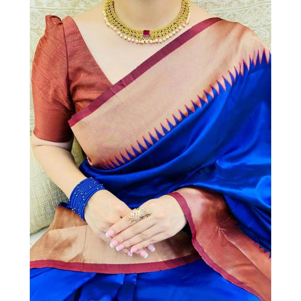 Generic Women's Soft Lichi Silk Solid Saree With Unstitched Blouse 5.5Mtr (Blue)