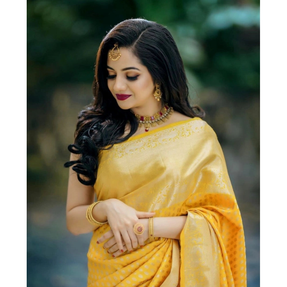 Generic Women's Soft Lichi Silk Printed Saree With Unstitched Blouse 5.5Mtr (Yellow)