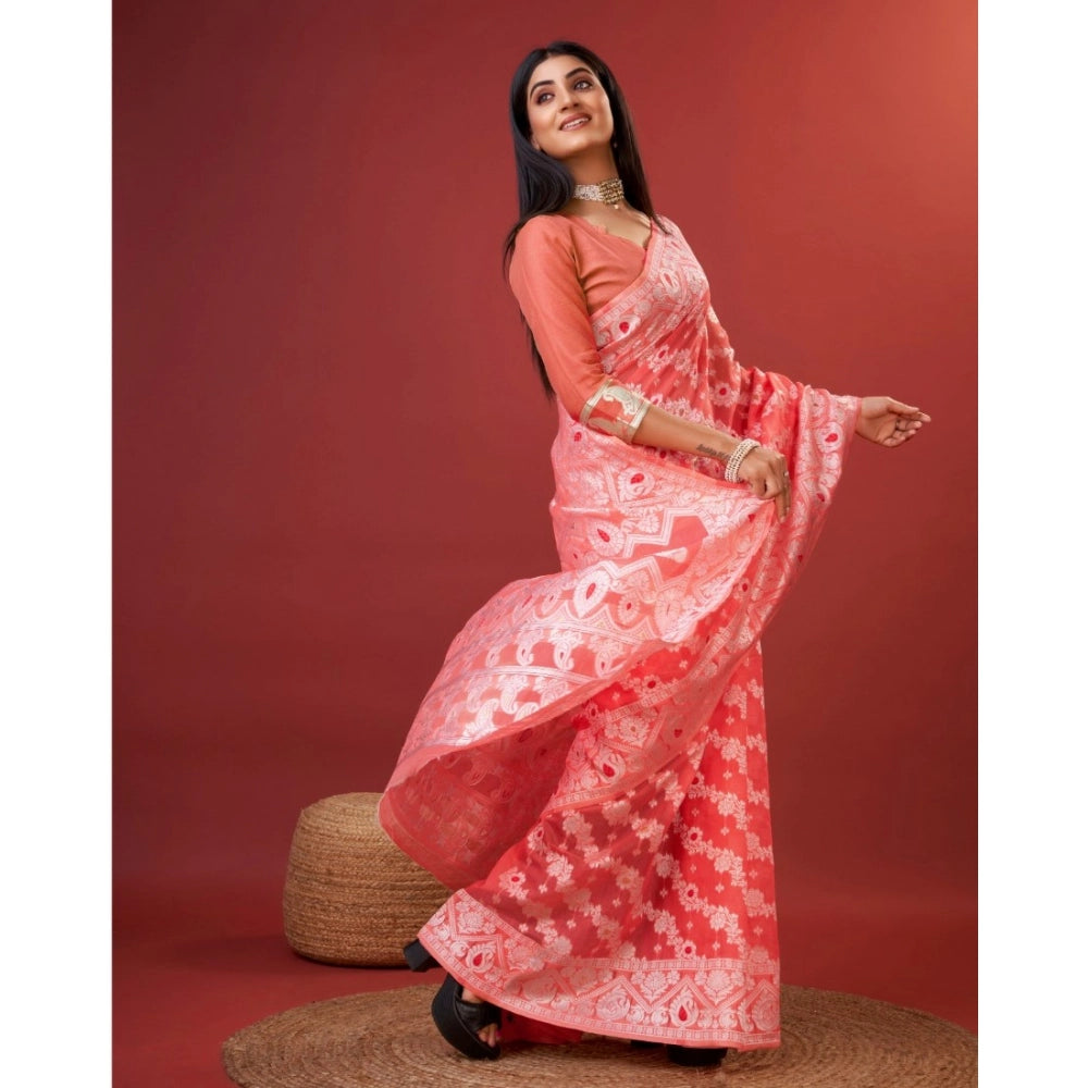 Generic Women's Cotton Silk Printed Saree With Unstitched Blouse 5.5Mtr (Peach)