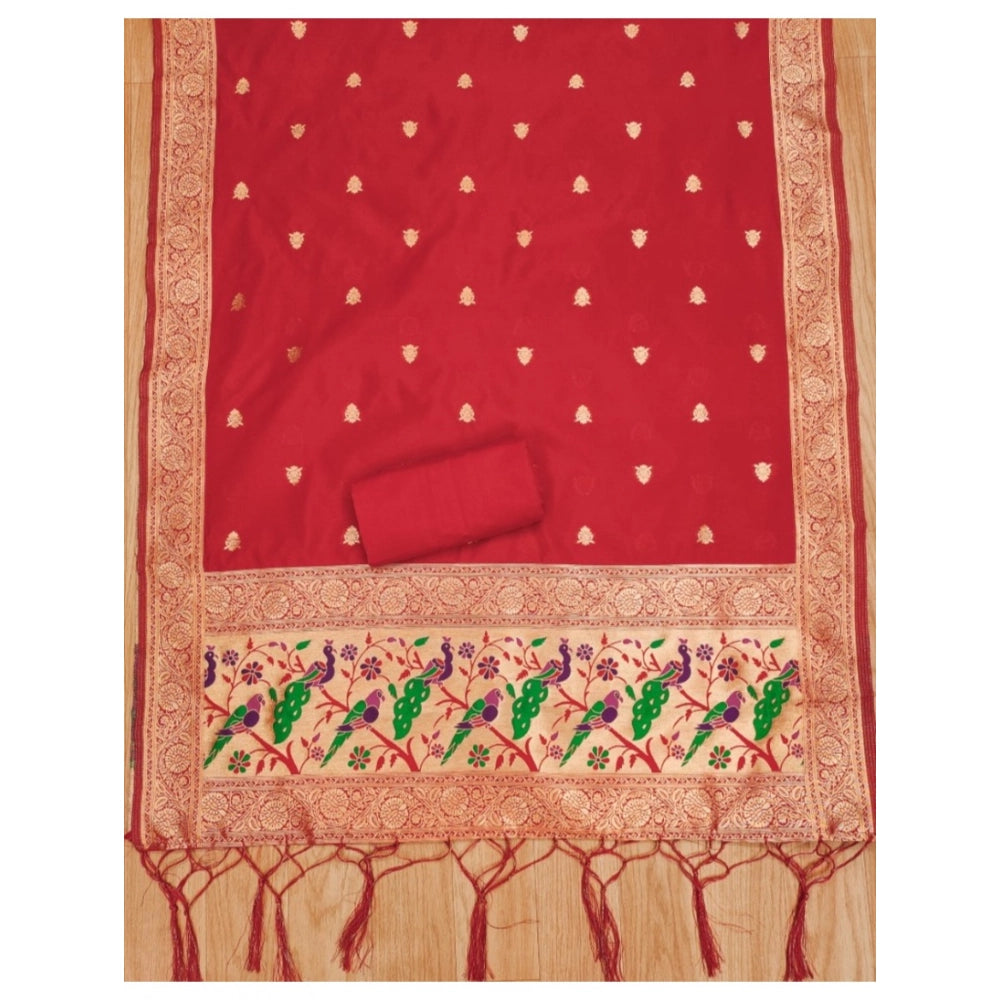 Generic Women's Banarasi Silk Printed Unstitched Salwar Suit Material With Dupatta (Red, 3Mtrs)