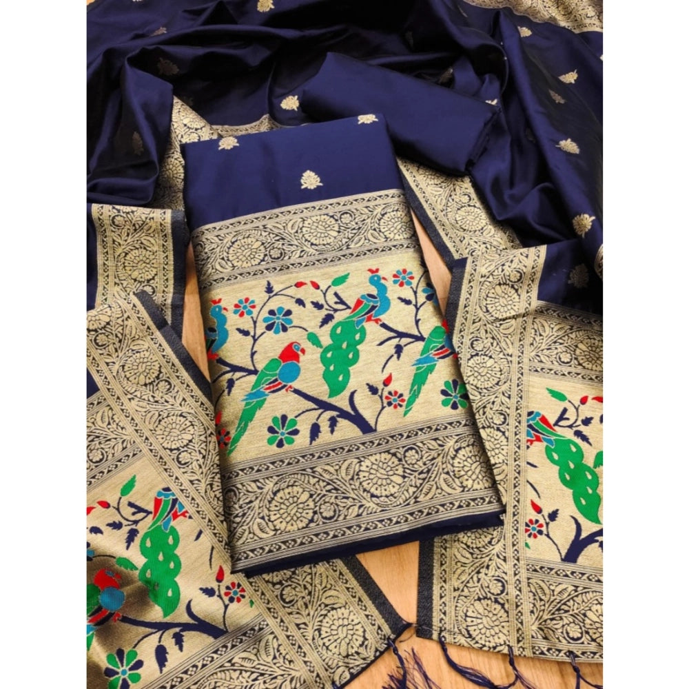 Generic Women's Banarasi Silk Printed Unstitched Salwar Suit Material With Dupatta (Navy Blue, 3Mtrs)