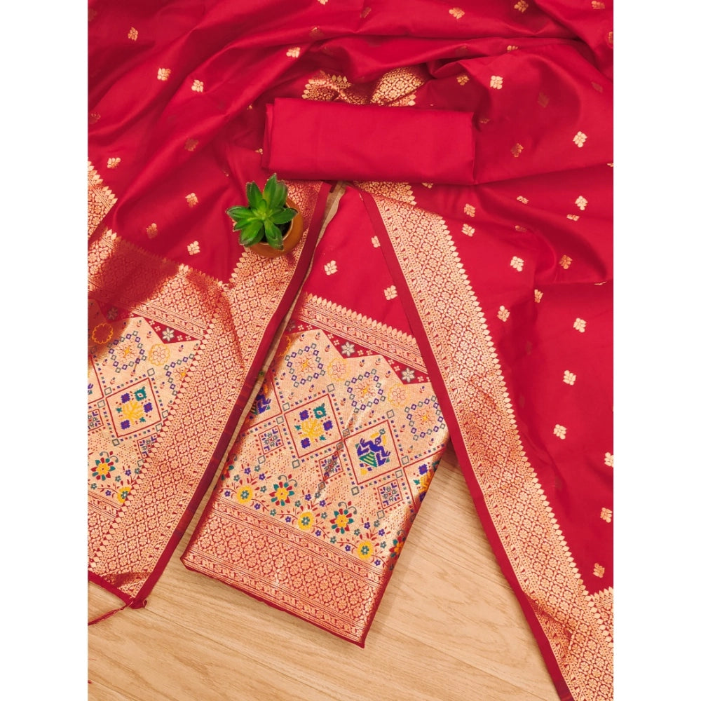 Generic Women's Banarasi Silk Printed Unstitched Salwar Suit Material With Dupatta (Red, 3Mtrs)