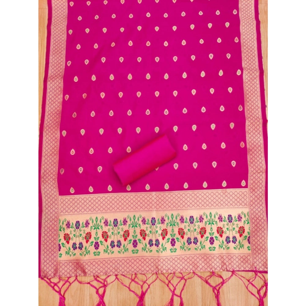 Generic Women's Banarasi Silk Printed Unstitched Salwar Suit Material With Dupatta (Pink, 3Mtrs)