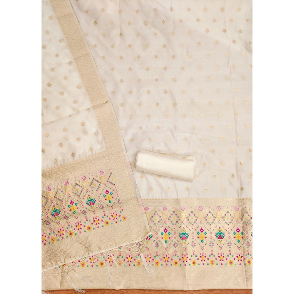Generic Women's Banarasi Silk Printed Unstitched Salwar Suit Material With Dupatta (White, 3Mtrs)
