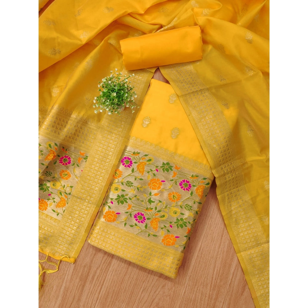 Generic Women's Banarasi Silk Printed Unstitched Salwar Suit Material With Dupatta (Yellow, 3Mtrs)