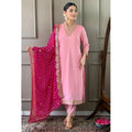 Generic Women's Roman Silk Embroidery 3-4th Sleeve V-Neck Kurti With Pant Dupatta Set (Pink)