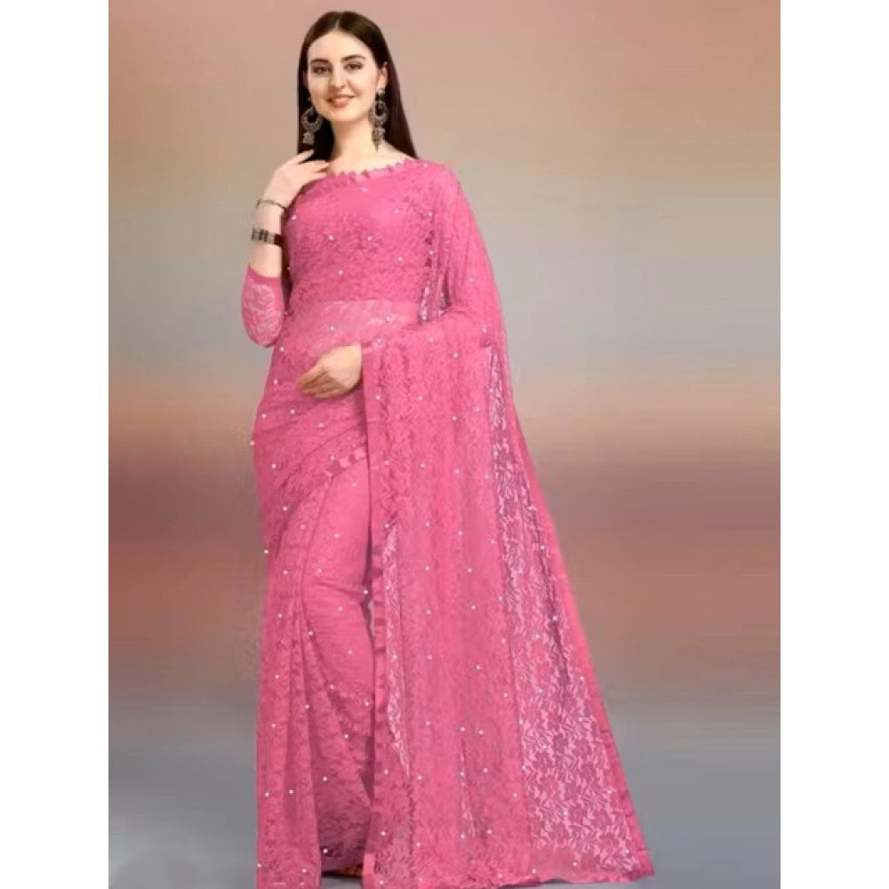 Generic Women's Net Self Design Saree With Unstitched Blouse 5.5Mtr (Dark Pink)