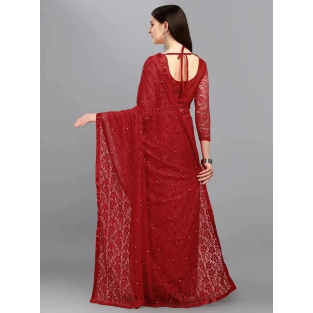 Generic Women's Net Self Design Saree With Unstitched Blouse 5.5Mtr (Maroon)