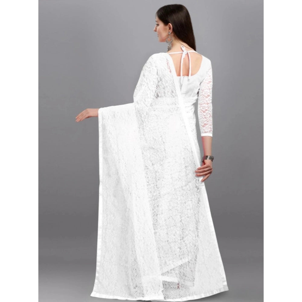 Generic Women's Net Self Design Saree With Unstitched Blouse 5.5Mtr (White)