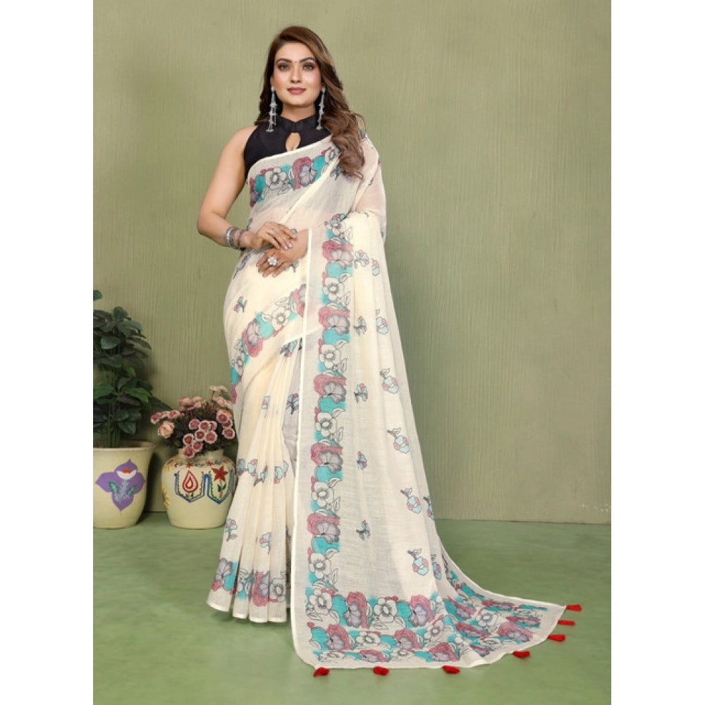 Generic Women's Linen Cotton Printed Saree With Unstitched Blouse 5.5Mtr (Off White)