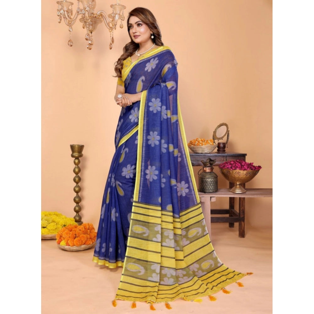 Generic Women's Linen Cotton Printed Saree With Unstitched Blouse 5.5Mtr (Blue)