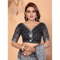 Generic Women's Linen Cotton Printed Saree With Unstitched Blouse 5.5Mtr (White-Black)