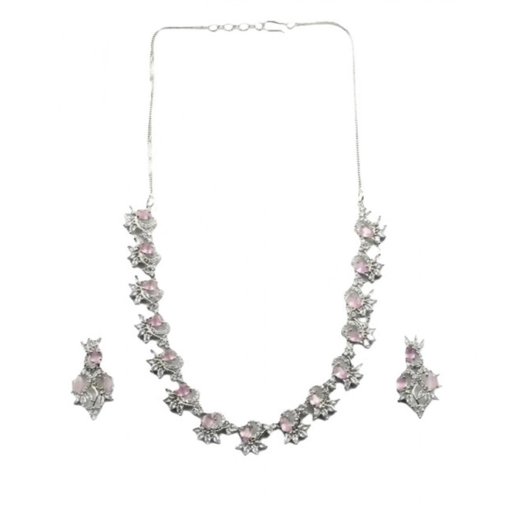 Generic Women's Brass Silver Plated Necklace set (Pink)