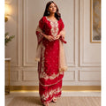 Generic Women's Silk Embroidered 3/4th Sleeve Round Readymade Kurti With Palazzo Pant and Dupatta Set (Red)