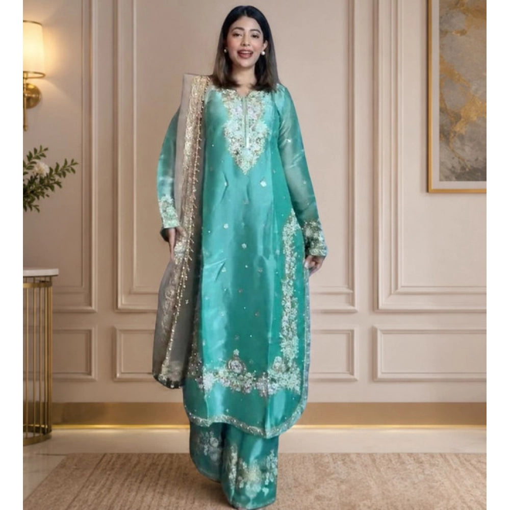 Women's Silk Embroidered 3/4th Sleeve Round Readymade Kurti With Palazzo Pant and Dupatta Set (Sea Green)