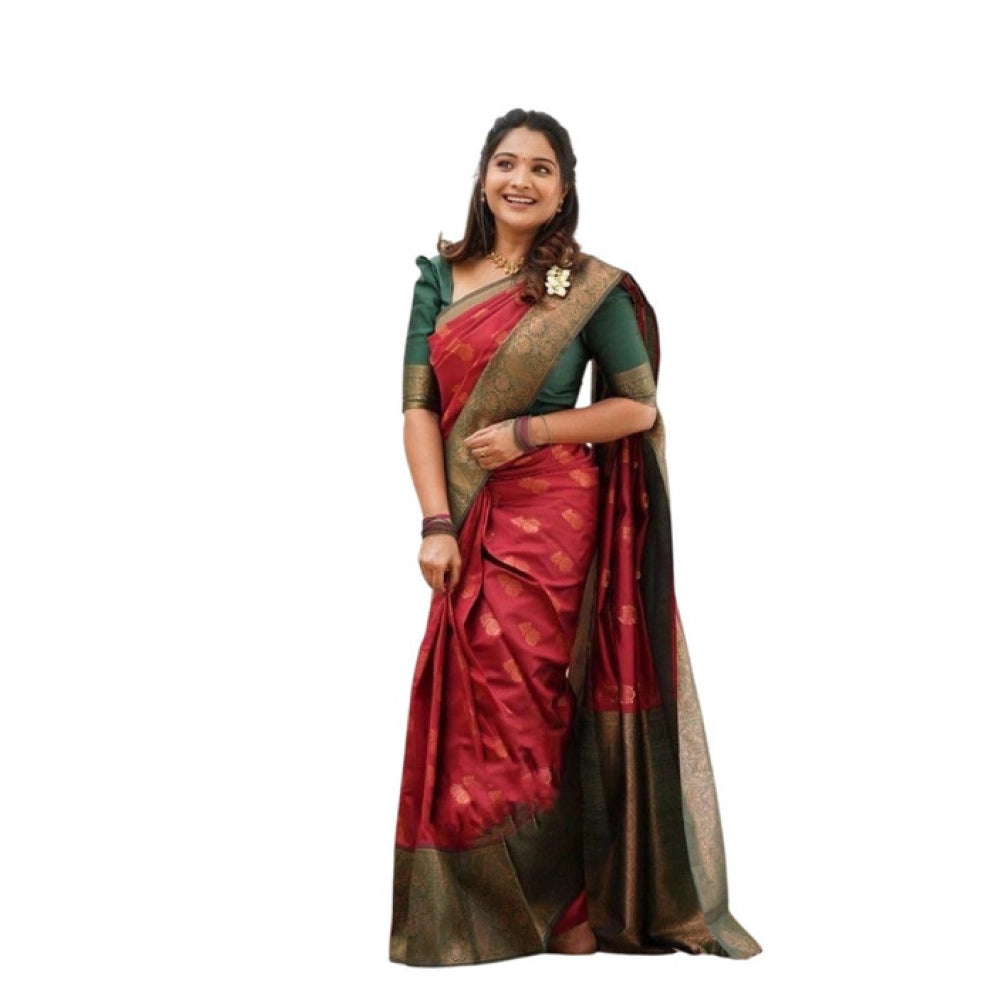 Generic Women's Litchi silk Printed Saree With Unstitched Blouse (Red)