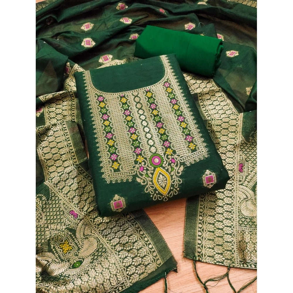 Generic Women's Banarasi Silk Printed Unstitched Salwar Suit Material With Dupatta (Bottle Green, 3Mtrs)