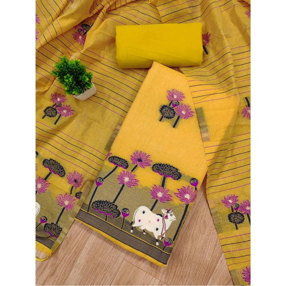 Generic Women's Banarasi Silk Printed Unstitched Salwar Suit Material With Dupatta (Yellow, 3Mtrs)