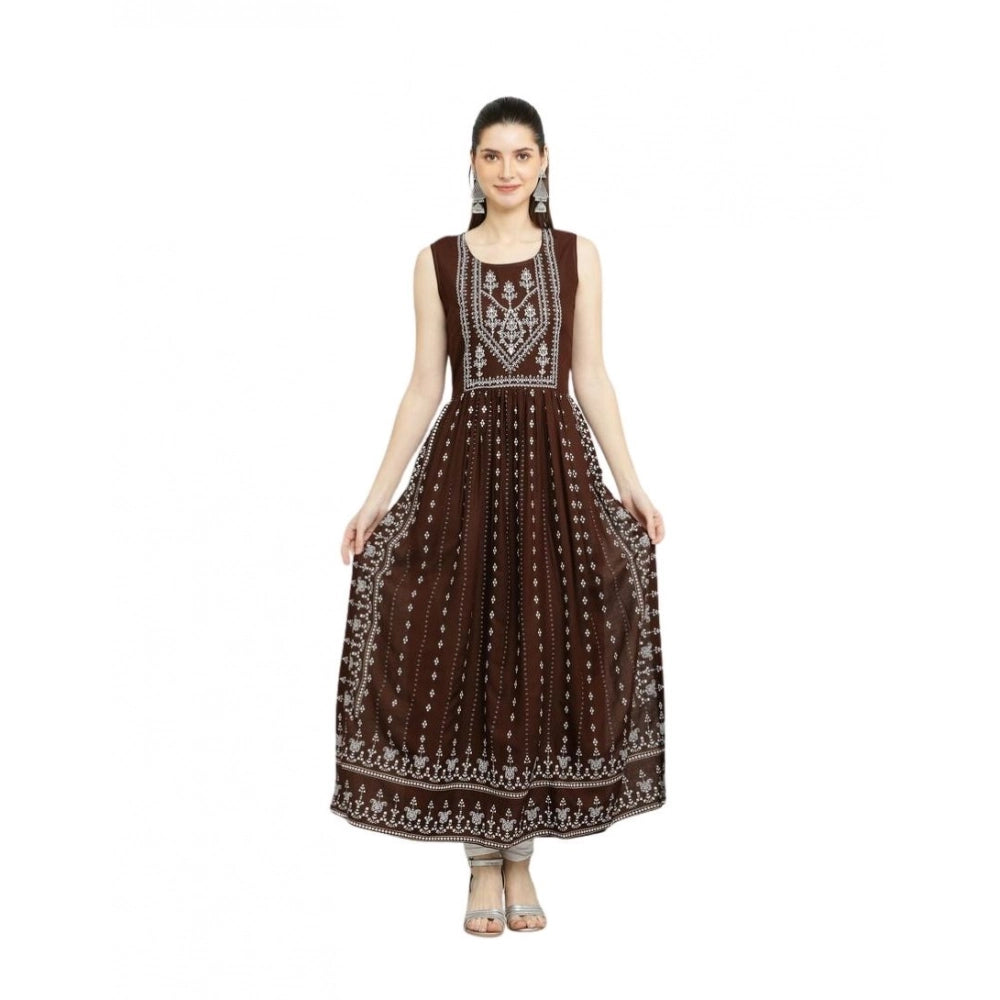 Generic Women's Casual Rayon Sleeveless Kurti (Brown)