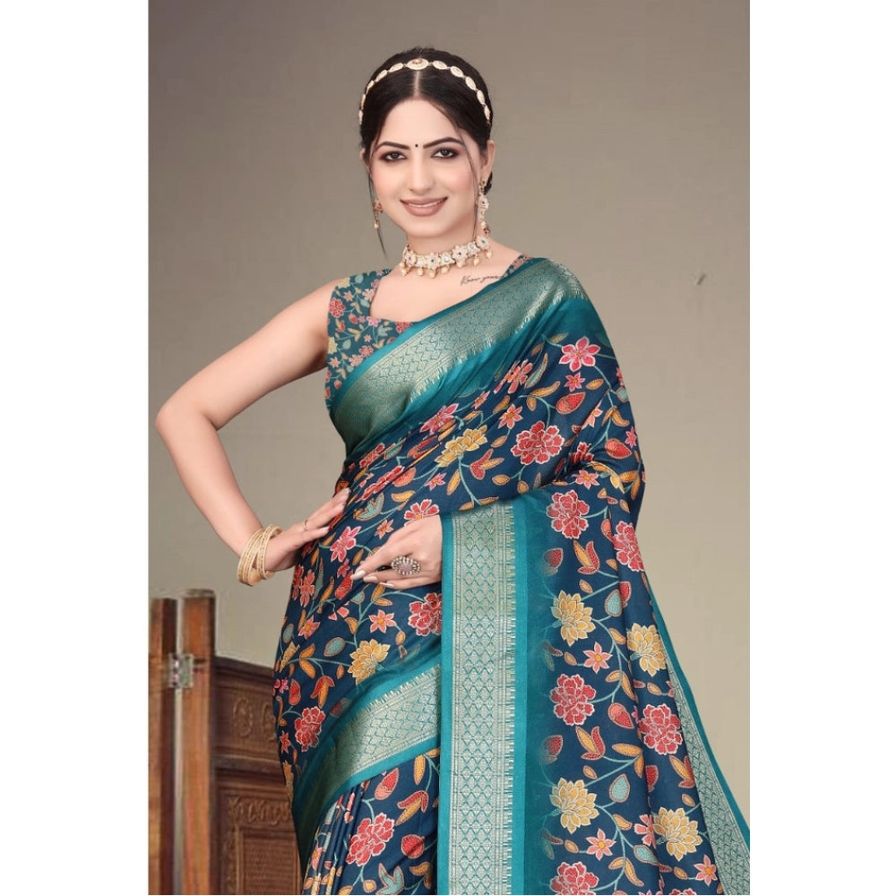 Generic Women's Cotton Silk  Printed Saree With Unstitched Blouse 5.5Mtr (Blue)