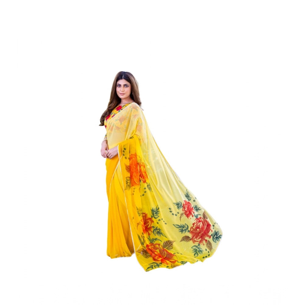 Georgette  Printed Saree With Unstitched Blouse 5.5Mtr (Yellow)
